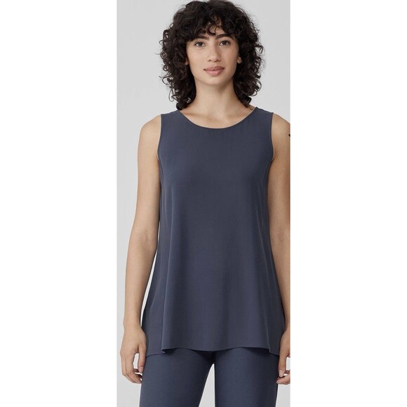 Eileen Fisher 100% Silk Gray Georgette Crepe Ballet Neck Long Tank Petite Large - Picture 1 of 9